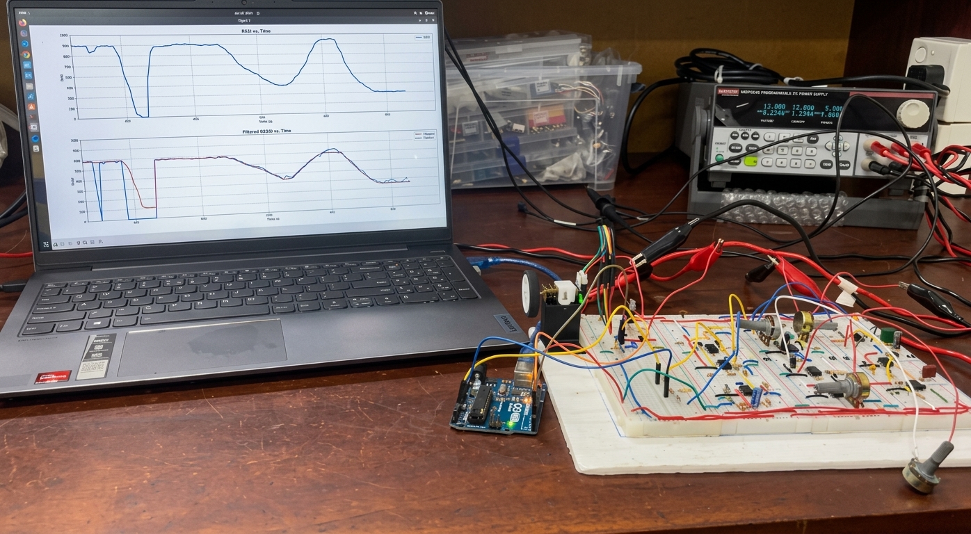 Bench testing — laptop analysis alongside the breadboard circuit