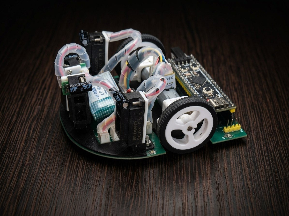 Fully assembled micromouse — rear three-quarter view