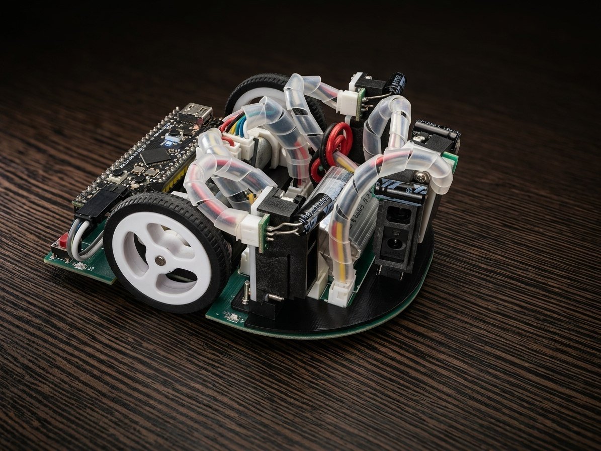 Fully assembled micromouse — side three-quarter view