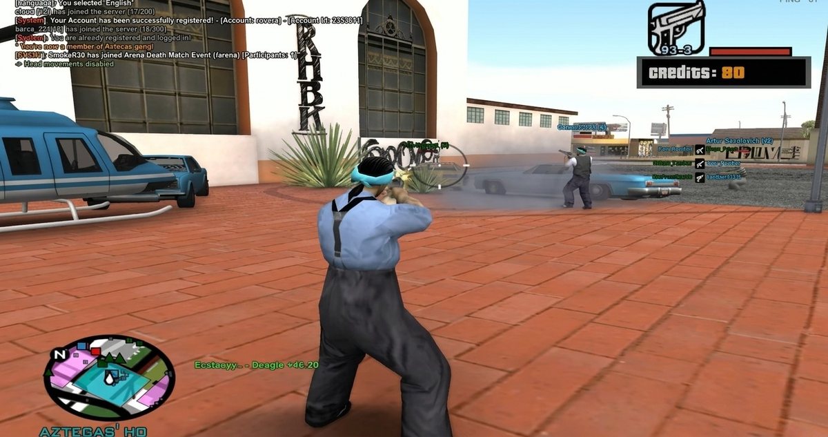 The custom account, gang-membership and event-join systems firing in real time