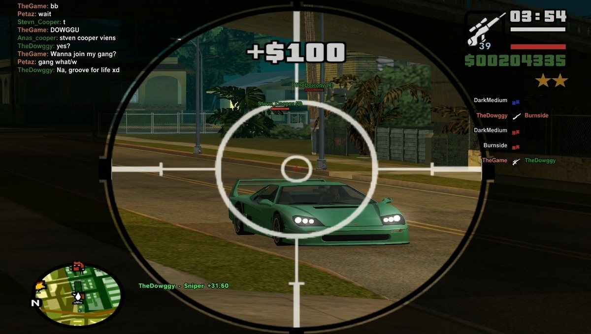 Sniping with the live scoreboard and gang tags visible