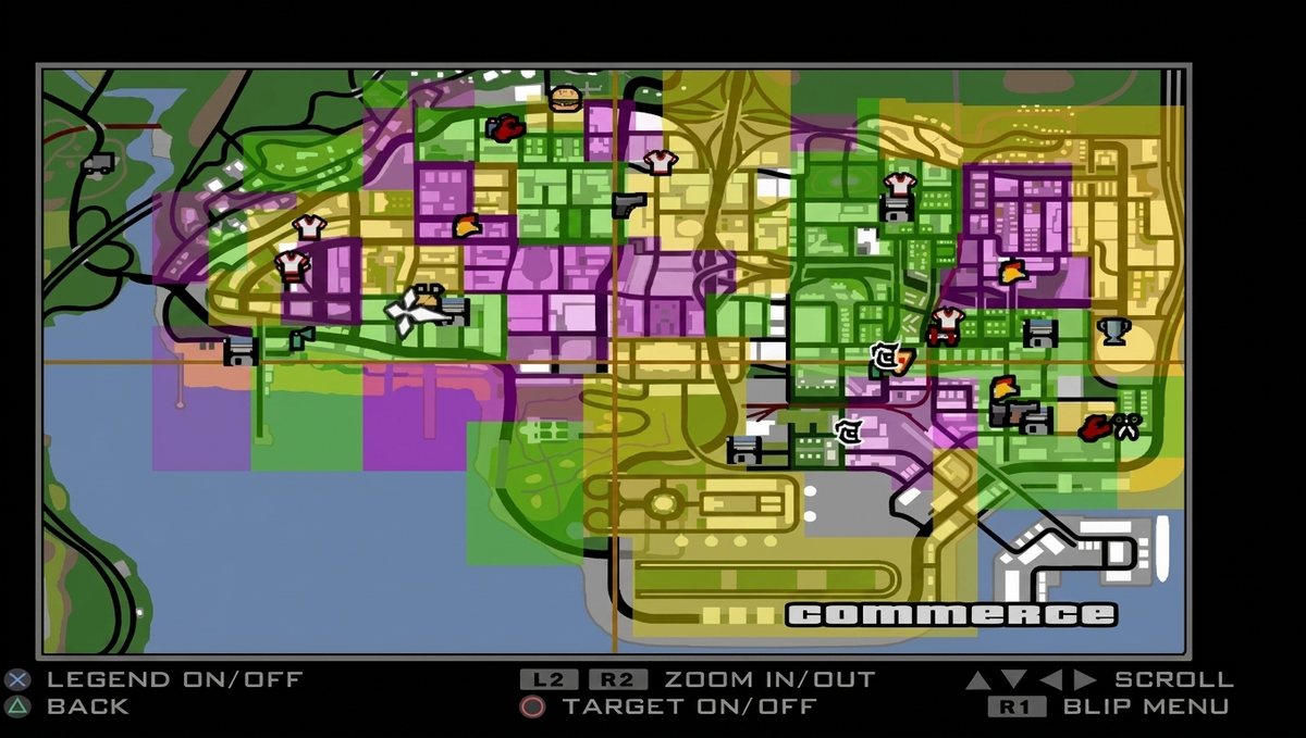 The turf control map — gang-owned territory across Los Santos, color-coded per gang