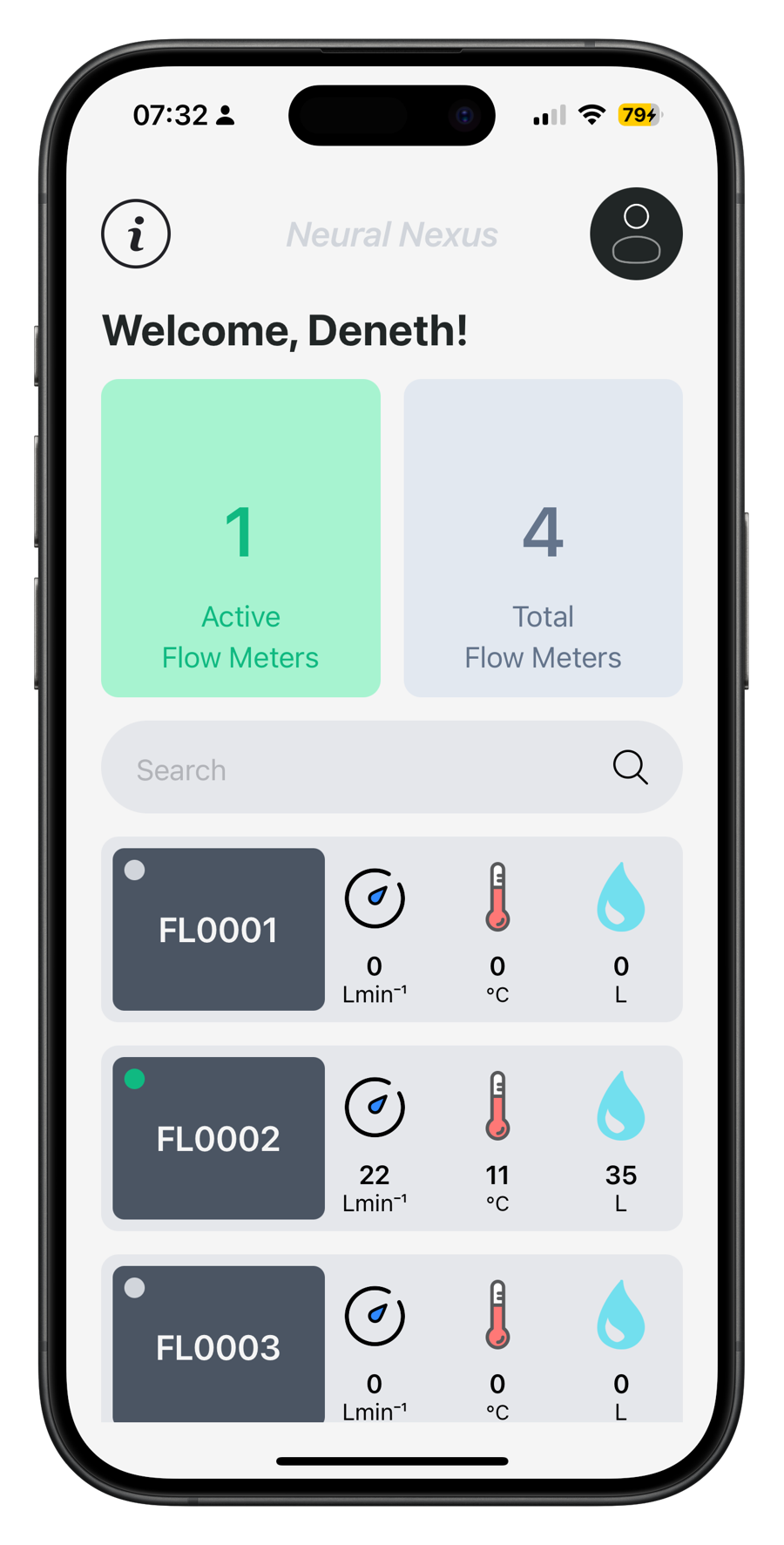The mobile app — dashboard, active flow meters