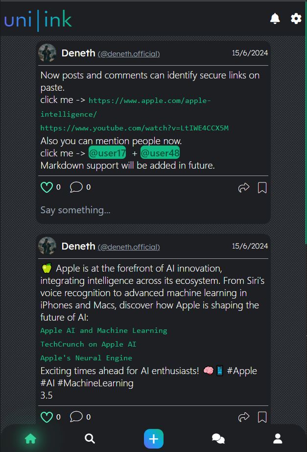 Home feed — posts, links and mentions